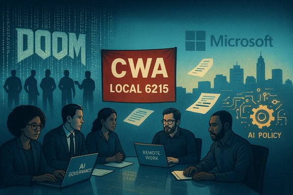 Team at a meeting about AI governance and remote work, under a CWA Local 6215 banner.