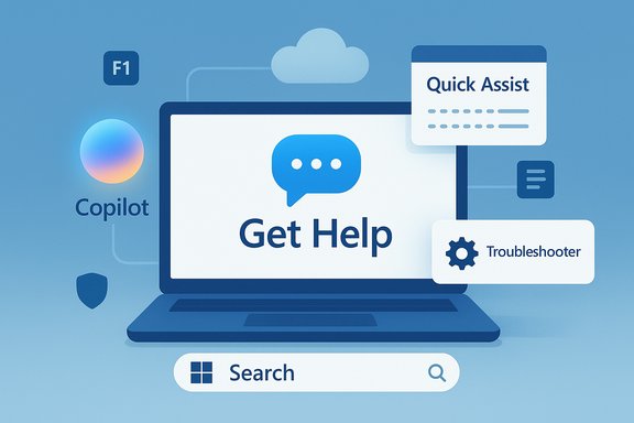 Blue tech-help illustration of a laptop displaying Get Help with Quick Assist and Troubleshooter.