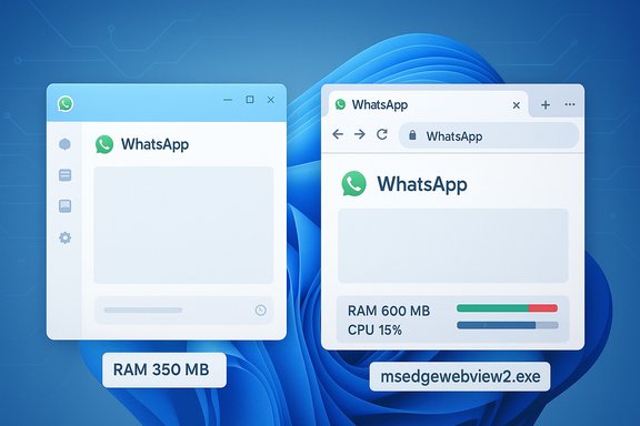 Two WhatsApp windows on Windows show RAM usage and msedgewebview2.exe.
