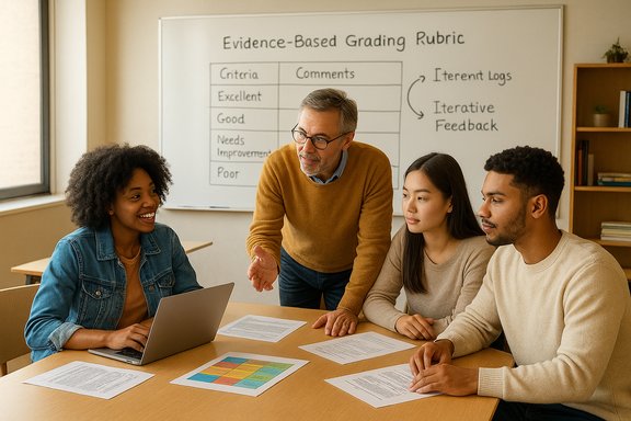 Instructor leads a diverse group in a discussion about an evidence-based grading rubric.