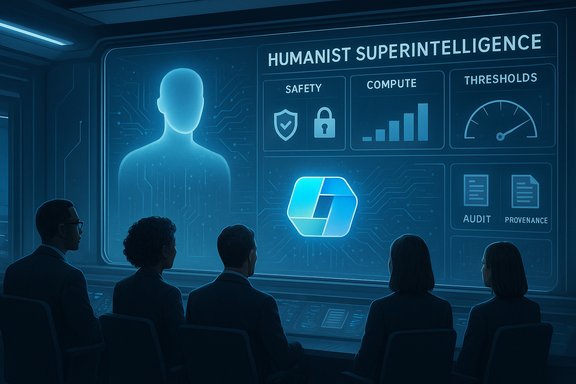 Team members monitor a holographic dashboard titled “HUMANIST SUPERINTELLIGENCE.”