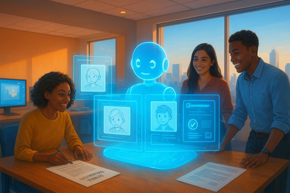A blue holographic robot shows floating digital screens to a group of coworkers.