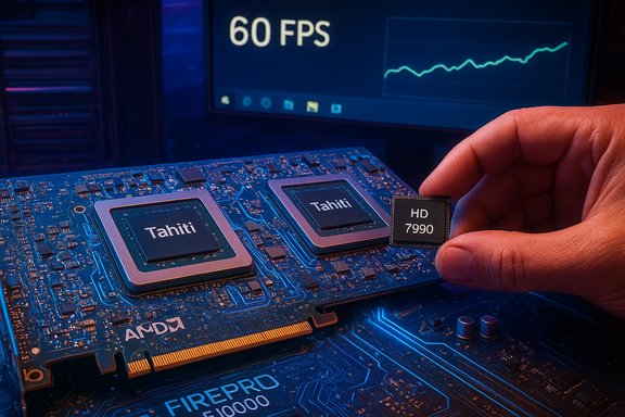 A hand holds an HD 7990 GPU next to two Tahiti GPUs on an AMD FirePro graphics card.