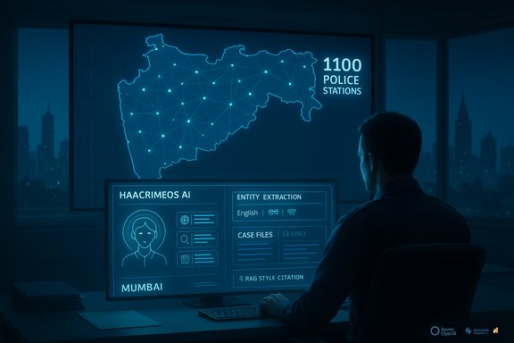 An analyst monitors a blue holographic map of India showing 1100 police stations.