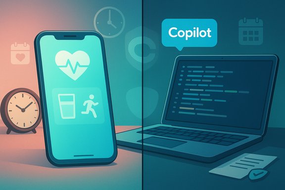 Split-screen illustration of a health-tracking phone on the left and Copilot-assisted coding on the right.