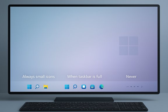 Widescreen monitor on a desk displaying a Windows-style taskbar over a blue-purple gradient wallpaper.