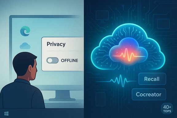 A person disables privacy offline on a computer; neon cloud shows recall and co-creator tools.