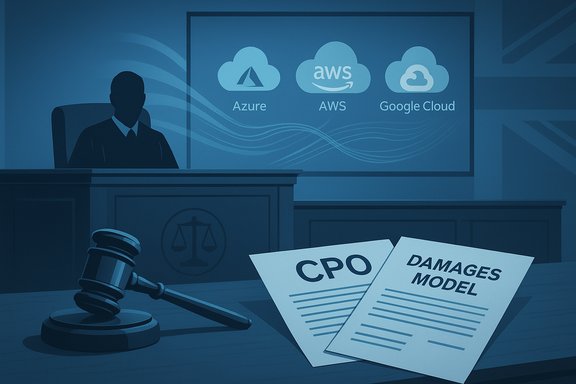 Courtroom scene with a judge, gavel, cloud logos (Azure, AWS, Google Cloud) and CPO, Damages Model papers.