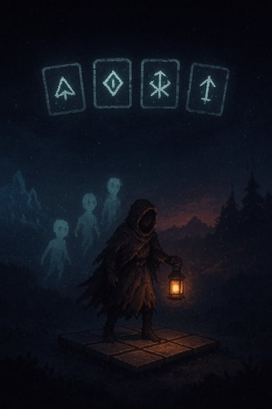 A hooded figure with a lantern stands on a stone platform in a dark forest beneath glowing rune cards.