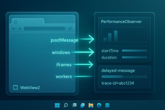 Diagram of postMessage from WebView2 windows/iframes/workers to PerformanceObserver, showing delayed-message trace-id=abc1234.