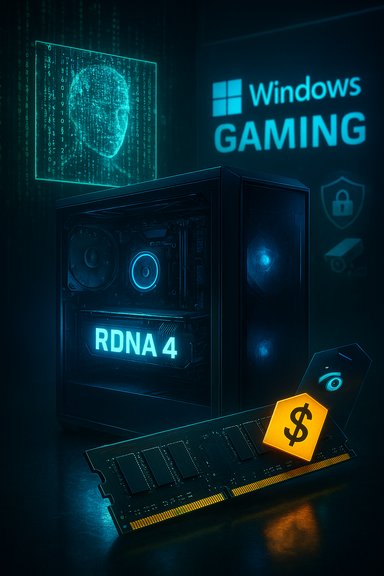 Blue-lit gaming PC featuring RDNA 4 GPU, Windows Gaming branding, and a price tag.