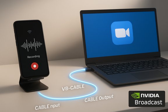 Phone is recording while VB-CABLE routes its audio into a laptop for broadcasting.