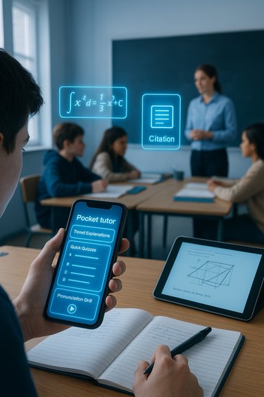 A student uses a pocket tutor app as neon holographic math icons float in a classroom.