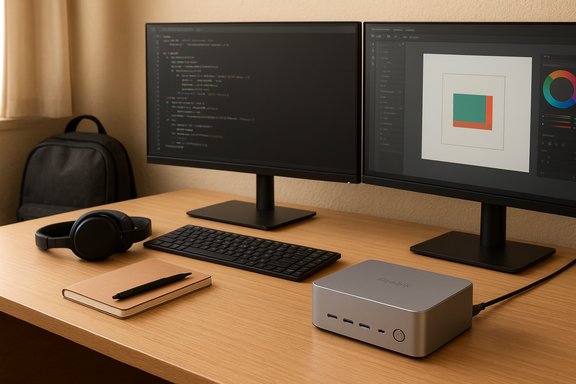 Dual-monitor workstation on a wooden desk with keyboard, headphones, notebook, and a USB hub.