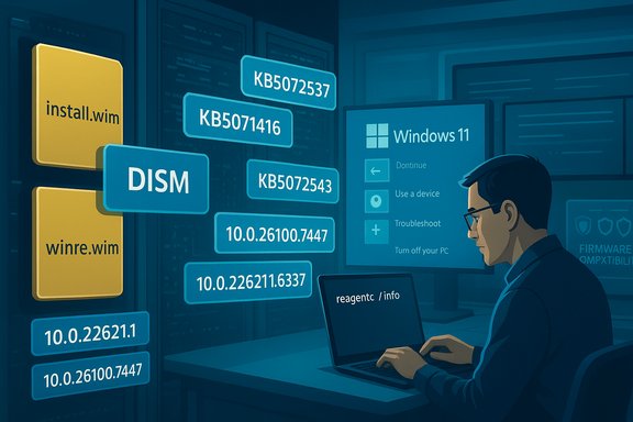 A technician works on Windows 11 deployment, using DISM to manage image files.