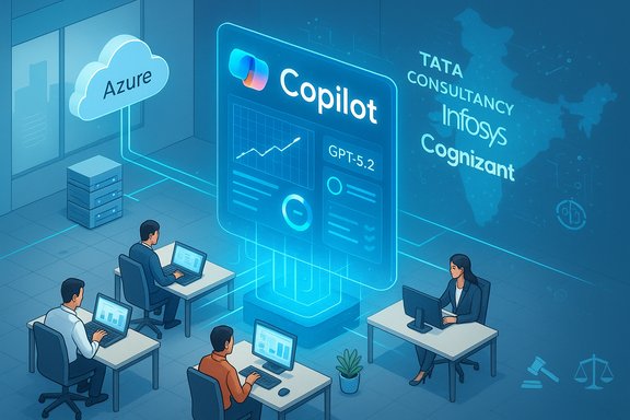 Analysts work at desks as a glowing Copilot AI dashboard dominates a blue Azure-cloud office.