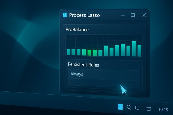 A dark teal Windows-style UI showing Process Lasso with a ProBalance chart and Persistent Rules. A dark teal Windows-style UI showing Process Lasso with a ProBalance chart and Persistent Rules.