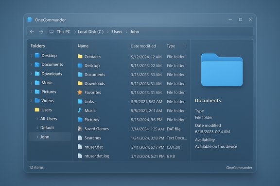 Blue-themed OneCommander file explorer window showing John’s Documents.