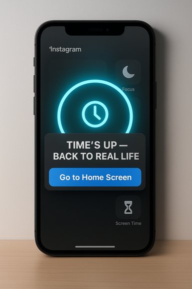 An iPhone shows a neon clock graphic with a pop-up: “TIME’S UP — BACK TO REAL LIFE” and a “Go to Home Screen” button.
