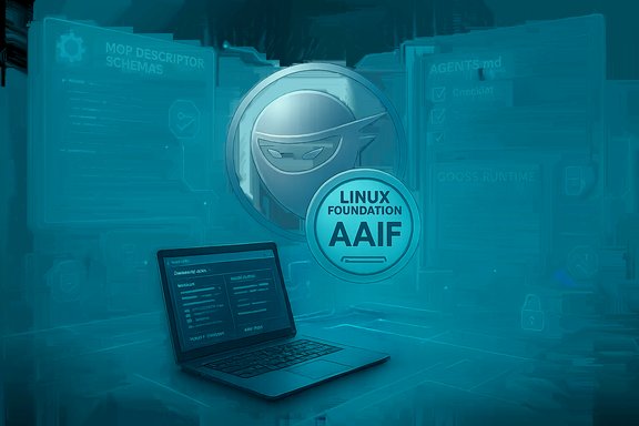 Futuristic blue scene with a laptop and a glowing Linux Foundation AAIF badge.