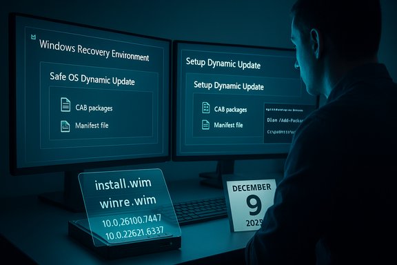 A technician watches Windows Recovery and Dynamic Update prompts on dual monitors.