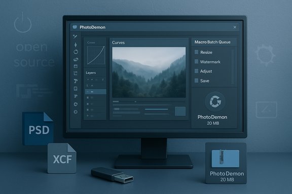 Blue-tinted desktop showing the PhotoDemon photo editor open on the monitor with PSD and XCF icons.