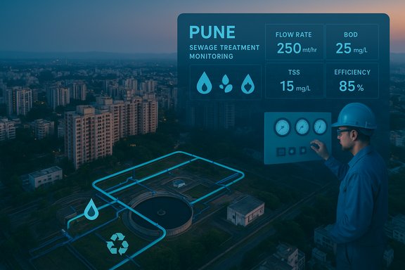 Engineer monitors Pune sewage treatment plant on a digital dashboard over a cityscape.