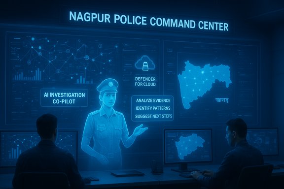 Nagpur Police Command Center featuring a holographic AI investigator guiding cloud defense and evidence analysis.