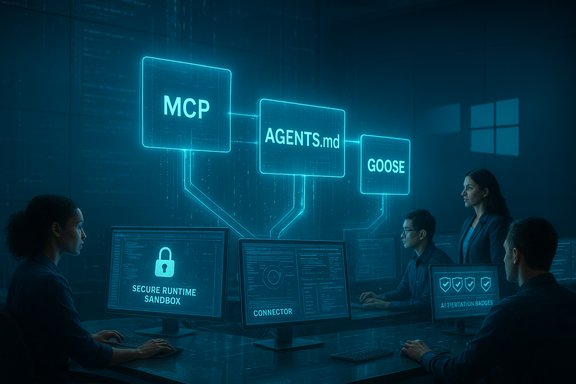 Cybersecurity team analyzes a glowing holographic network labeled MCP, AGENTS.md, and GOOSE.