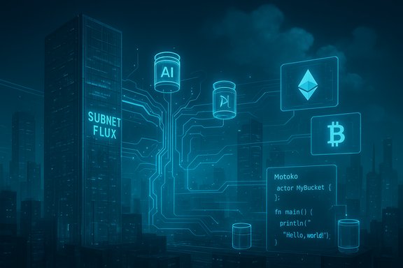 Neon futuristic cityscape with glowing circuit lines, AI and crypto icons.