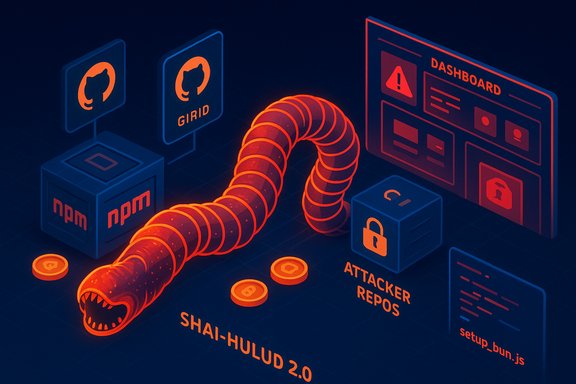Neon isometric cyber worm “Shai-Hulud 2.0” coils through npm, GitHub, and a dashboard.