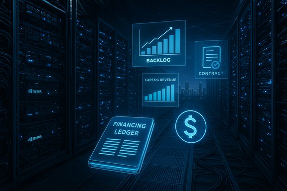 A blue-toned data center with floating holographic finance charts and icons.