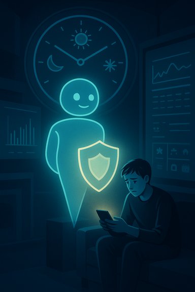 A man sits on a couch using a phone, while a glowing guardian with a shield looms behind.