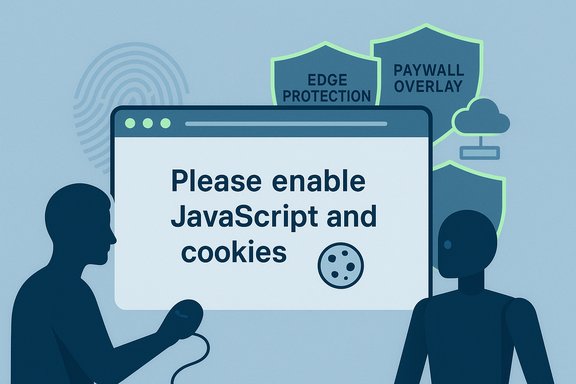A webpage requests enabling JavaScript and cookies, with shield icons in the background.