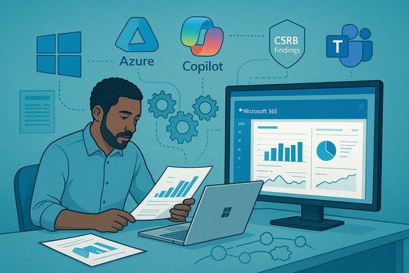 Analyst studies charts on paper with a laptop, in front of a Microsoft 365 dashboard.