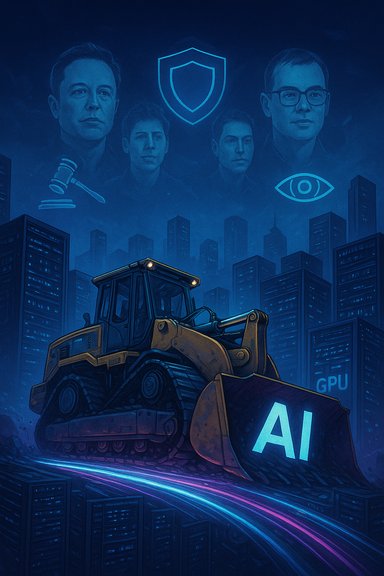 A massive AI bulldozer plows through a neon city, while portraits and security icons loom above.