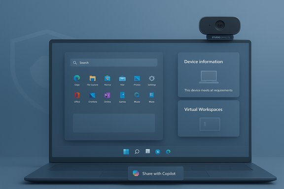 Blue-tinted laptop screen showing a Windows-like UI with app grid, device info, and virtual workspaces; webcam on top.