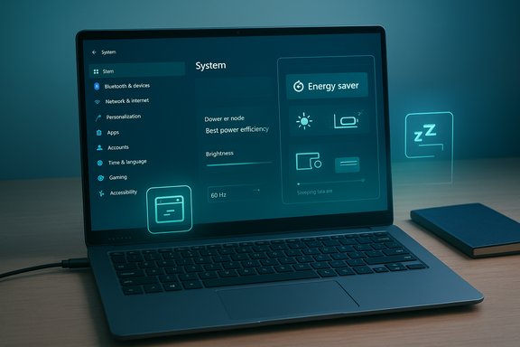 A laptop displays a futuristic system settings UI featuring Energy saver and brightness controls.