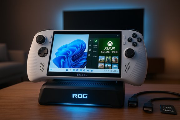 White ROG handheld gaming device on a dock, displaying Windows and Xbox Game Pass.