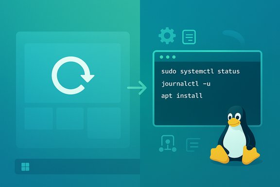 Linux-themed illustration: Tux the penguin beside a terminal with status and install commands.