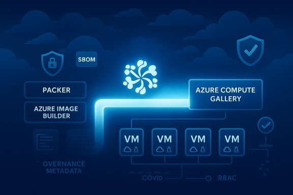 Blue diagram showing Azure Compute Gallery with VMs, Packer, Image Builder, and SBOM.