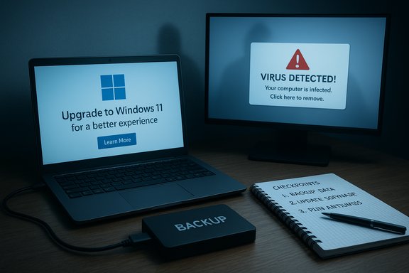 A computer setup displays a Windows 11 upgrade prompt and a virus detected warning on the monitor.