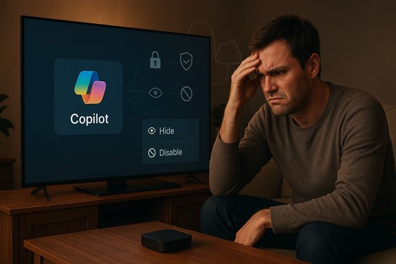 Worried man watches Copilot on TV with Hide/Disable options.