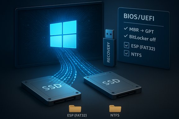 Windows system recovery: data streams from a USB recovery drive to two SSDs under BIOS/UEFI.