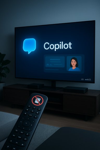 A TV displays the Copilot interface with a blue chat icon, while a remote rests on a sofa. A TV displays the Copilot interface with a blue chat icon, while a remote rests on a sofa.