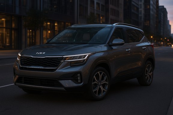 A gray Kia SUV parked on a quiet city street at dusk.