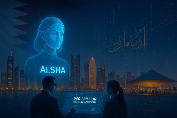 Blue holographic AI figure Ai.SHA overlooks a futuristic city as analysts review USD 1 BILLION incentives program.