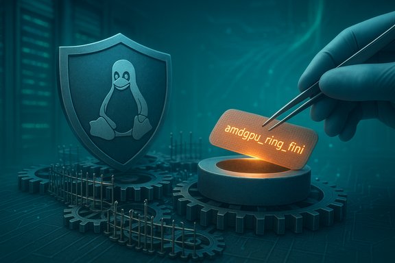 A gloved hand uses tweezers to place a glowing amdgu_ring_finl label on a ring beside a Linux penguin shield.