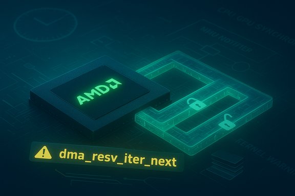 Glowing AMD processor beside a neon lock and a dma_resv_iter_next warning.