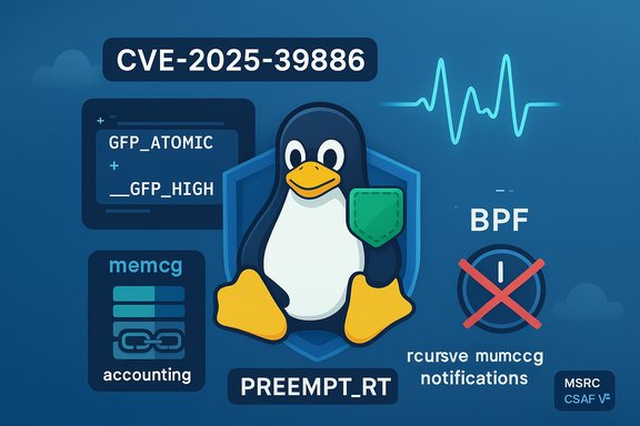 Linux penguin amid CVE-2025-39886 security notes and PREEMPT_RT patch.